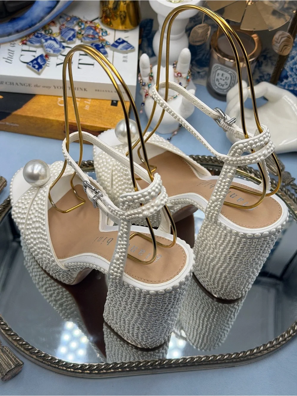 🆕 GIANNI BINI 🧿 NWOB KemaraTwo Embellished Pearl Studded Platform Sandal Sz 7